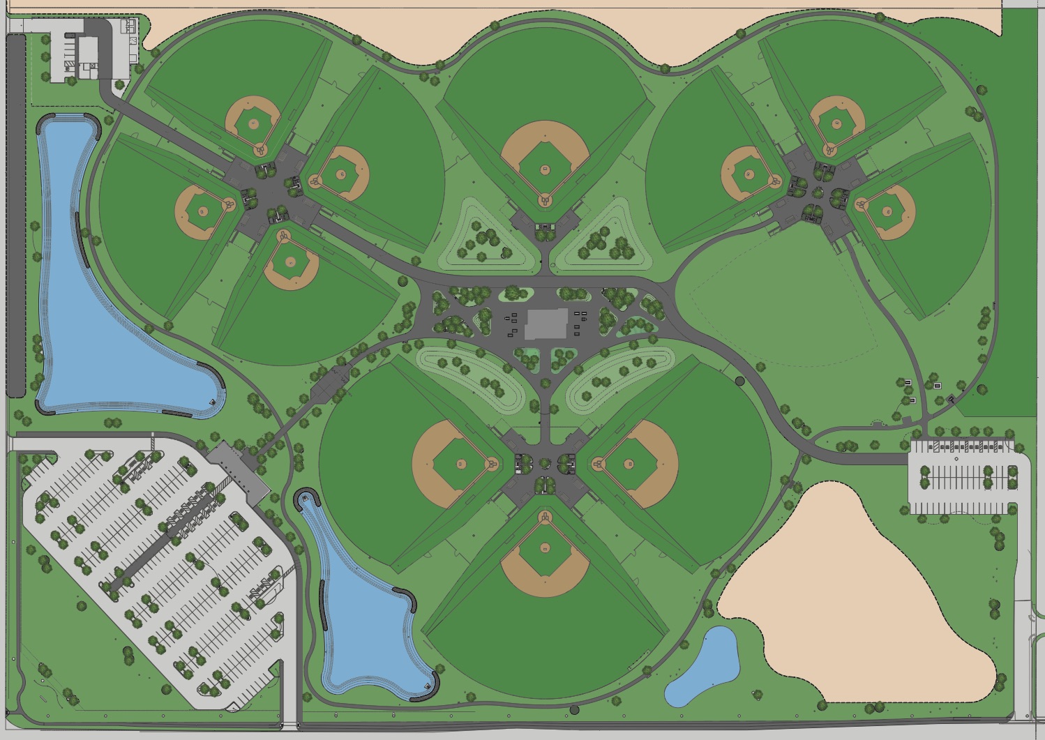 Proposed rendering shows the layout of the McAllen Youth Baseball Complex that Hellas Construction will be building in McAllen, TX.