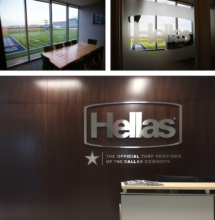 Pictures of the Hellas business office at The Star in Frisco, Texas, which overlooks the Cowboys Practice fields installed by Hellas Construction.