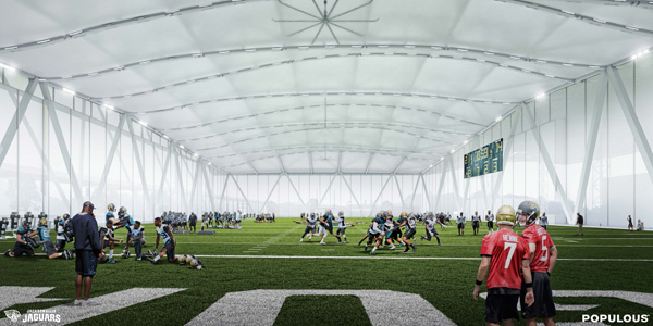 Credit: Populous Architectural Firm, www.jaguars.com- Proposed rendering of the indoor practice facility for the Jacksonville Jaguars that is a part of Daily’s Place.