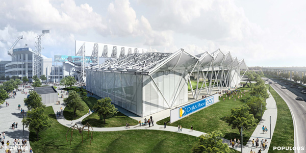 Credit: Populous Architectural Firm, www.jaguars.com - Proposed rendering of the outside of the indoor practice facility for the Jacksonville Jaguars that is part of Daily’s Place.