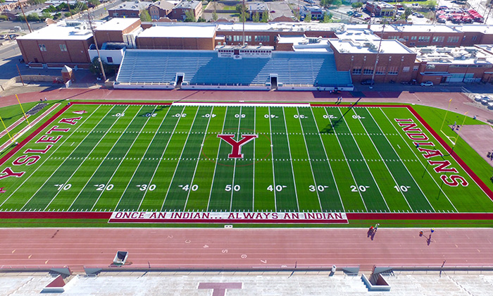 The beautiful Hutchins Stadium in Ysleta ISD built by Hellas Construction.