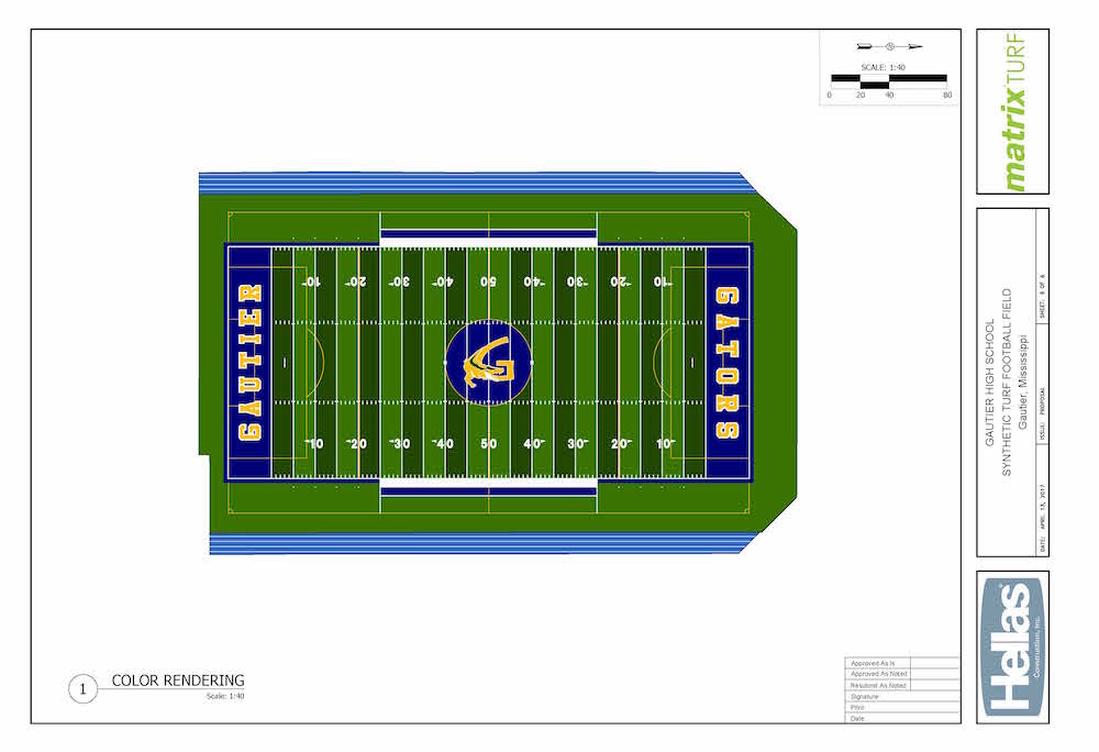 Crews finishing up the Gautier new Matrix Turf field with organic Geo Plus Infill from Hellas Construction.