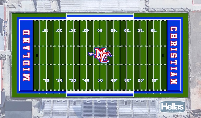 Proposed rendering of the Midland Christian field to be built by Hellas Construction with organic Geo Plus infill, Matrix Turf with Helix Technology.