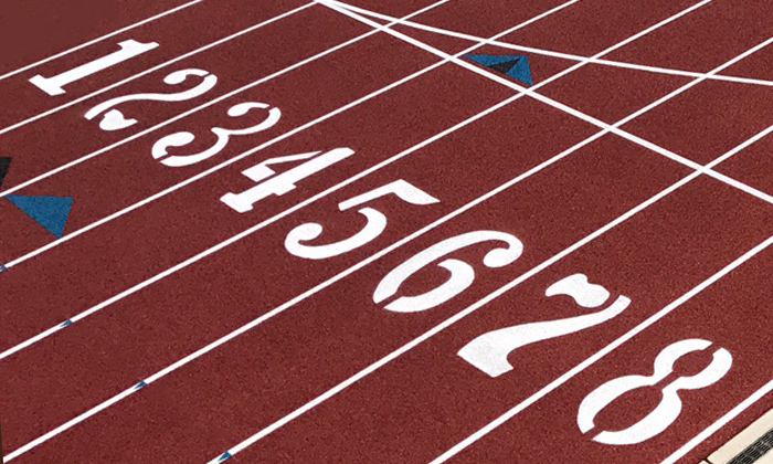 The Hellas' epiQ Tracks® S200 track surface, shown here with eight lanes. This IAAF approved surface is paved in place and made using eco-friendly, non-toxic polyurethane.